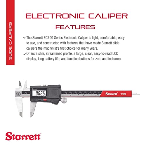 Starrett Stainless Steel Electronic Slide Caliper - 0-6" Range, 0005" Resolution, LCD Display, Fine Adjustment Thumb Wheel, in/mm Conversion - Starrett