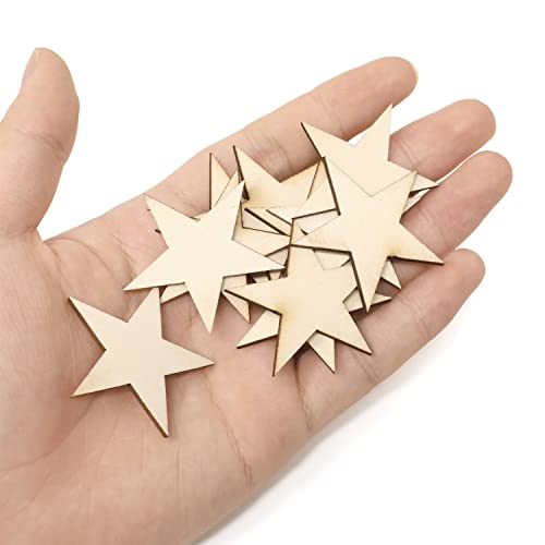 yueton 100PCS 40mm/1.57inch Unfinished Blank Star Wood Pieces Wood Slices Wood Chips Wooden Star Embellishments Christmas Tree Star Cutouts Ornaments yueton