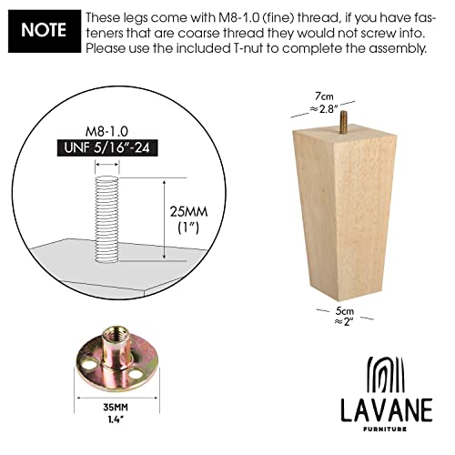 4 inch Wooden Furniture Legs, La Vane Set of 4 Solid Wood Square Unfinished Mid-Century Modern M8 Replacement Bun Feet with Pre-Drilled 5/16 Inch La Vane
