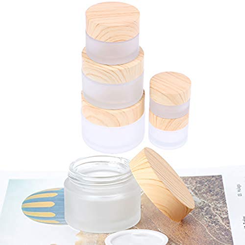 Healthcom 12 Packs 1 Oz Empty Jars 30ml Round Frosted Glass Cream Jar Bottles Holder with Wood Grain Lids Refillable Case Vial Pot Cosmetic Container Healthcom