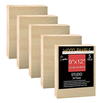 Unfinished Birch Wood Boards Canvas for Painting, 5 Packs 3/4’’ Deep Cupohus 9’’ x 12’’ Wooden Cradled Panels for Pouring Art, Crfats, Paints and