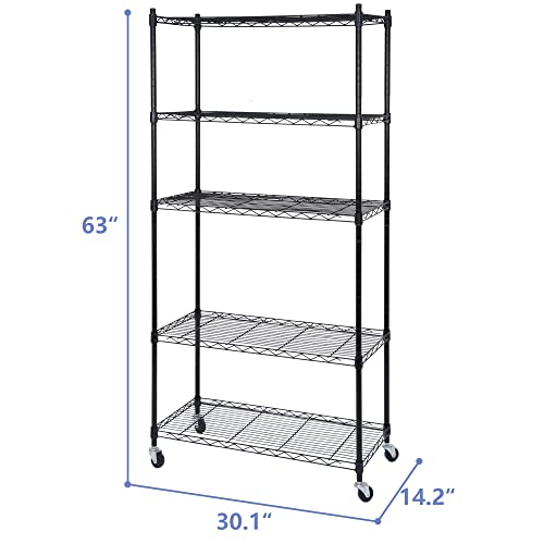 SUPER DEAL Black 5-Shelf Heavy Duty Storage Wire Shelving Unit with Wheels for Restaurant Garage Pantry Kitchen Garage Rack (30L x 14W x 63H) SUPER DEAL