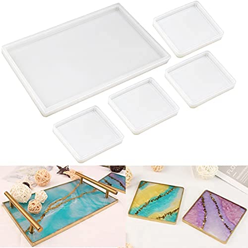 RESINWORLD Resin Tray Mold, 1Pc Thick Rectangle Tray Mold with 4 Pack Square Coaster Molds + 3 Tier Resin Mold, Cake Stand Molds for Resin ResinWorld