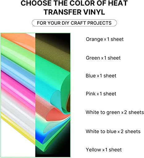 Heat Transfer Vinyl Glow in Dark Iron on Vinyl 9 Pack 12"x 10" PU HTV Luminous Fluorescent Color for Shirts(Glow in Dark) SHOYISI