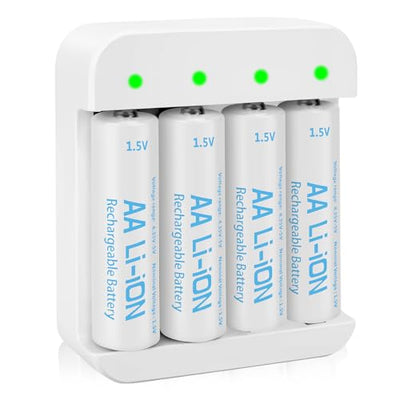 4 Pack 3600mWh Rechargeable 1.5V Lithium AA Batteries with Charger (4-Bay Independent Slot), Long Lasting Double A Size Battery for Blink Camera