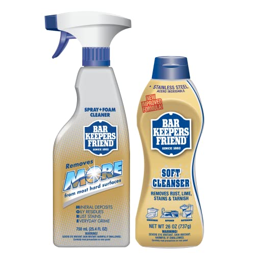 Bar Keepers Friend Soft Cleanser (26 oz) MORE Spray + Foam (25.4 oz) Multipurpose Cleaner Bundle, Stain & Rust Remover for Multi Surface Bathroom, Bar Keepers Friend