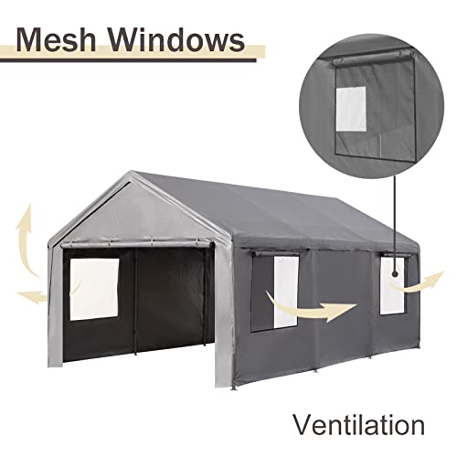 Gardesol Carport, 12'x20' Extra Large Heavy Duty Carport with Roll-up Ventilated Windows, Portable Garage with Removable Sidewalls & Doors for Car, Gardesol