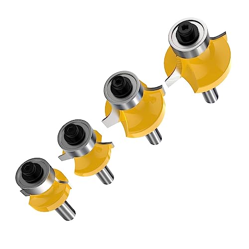 TOTOWOOD Roundover Router Bit Set,4pcs Router bit Set,1/4 inch Shank,Radius in 1/8", 1/4", 3/16", 5/16",Bearing Guide for Rounding Edge bit Totowood