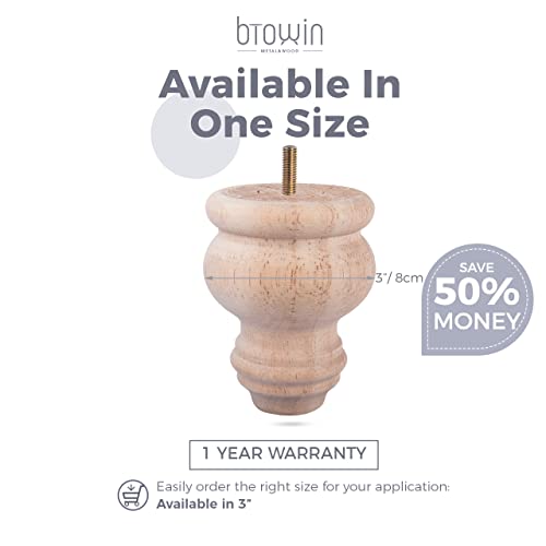 3 inch Mini Unfinished Wooden Bun Feet, Btowin 4Pcs Solid Wood Furniture Legs with Threaded 5/16'' Hanger Bolts & Mounting Plate & Screws for Sofa Btowin