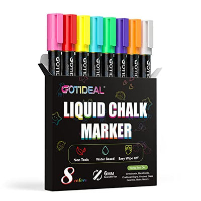 GOTIDEAL Liquid Chalk Markers, Bold Tip 8 Colors Washable Window Chalkboard Glass Pens, Paint and Drawing for Car, Blackboard, & Bistro,Kids and