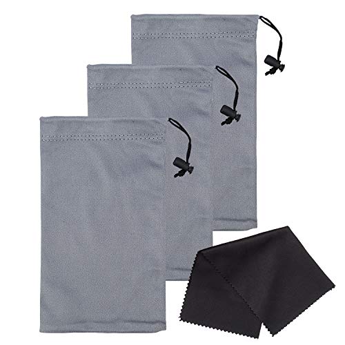 Mamlyn Premium Quality Microfiber Sunglasses Pouch with Drawstring Closure, 3 Light Grey Glasses Case for Eyeglasses, Gadgets, Cell Phones, Jewelry, Mamlyn