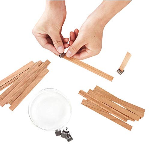Wood Wicks for Candles Making - NOOR 50 Pieces Smokeless Wooden Wicks with Booster. Crackling Wood Wick with Metal Clips for Candle Making and DIY NOOR