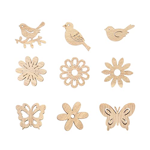 Abaodam 100pcs Wooden Embellishments Flower Butterfly Birds Shape Wooden Cutouts Wooden Scrapbooking DIY Handmade Crafts Table Confetti Rustic Wooden Abaodam