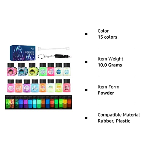 Glow in The Dark Pigment Powder 15 Jar -12 Color Glow Pigment and 3 Color Luminous Flake with UV Lamp - Epoxy Resin Luminous Powder for Slime OSBANG