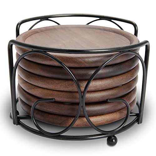 Wood Drink Coasters with Metal Holder, GOH DODD 4 Inch 6 Pieces Wooden Coasters Cup Coaster Set for Bar Kitchen Home Apartment, Walnut Wood GOH DODD