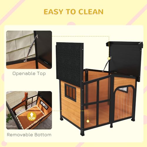 PawHut Outside Cabin-Style Wooden Dog House for Large Dogs with Openable Roof & Giant Window, Outdoor & Indoor Big Dog House, Asphalt Roof, Yellow PawHut