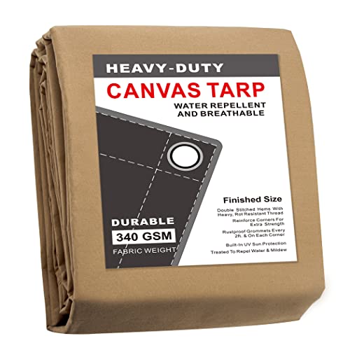 CARTMAN Finished Size 12x20 Feet Tan Canvas Tarp with Rustproof Grommets, 12 Oz Heavy Duty Multipurpose Tarpaulin Cover for Canopy Tent, Roof, CARTMAN