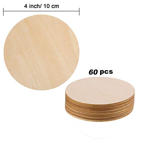 60 Pack 4 Inch Wood Circles for Crafts Unfinished Wood Rounds Wooden Cutouts for Crafts, Wooden Circles for Kids Painting, Wood Burning Blank Wood Phinicco