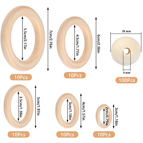 TIMESETL 150 Pcs Unfinished Solid Wooden Rings and Natural Round Wood Spacer Beads Without Paint for Necklace Bracelet Jewelry DIY Macrame Craft TIMESETL