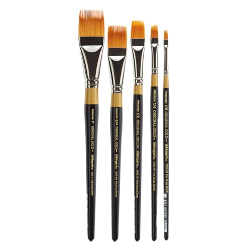 KINGART Original Gold 9120 Flat Rake Series, Premium Golden Taklon Multimedia Artist Brushes, Set of 5 KINGART