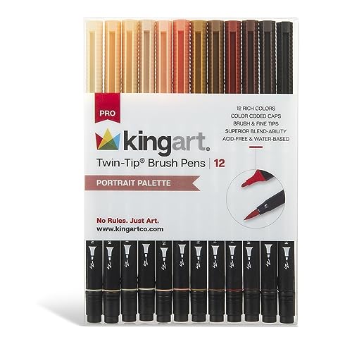 KINGART PRO Twin-Tip 445 Series Brush Pen Art Markers, PORTRAIT Collection, Set of 12 Unique & Vivid Colors KINGART