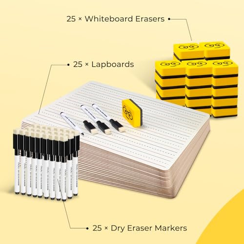 Double Sided Dry Erase Boards - Lined/Plain, Ohuhu 25-Pack 9 x 12 Inch Whiteboards Set, Including 25 x Lap Board, 25 x Black Markers, 25 x White Ohuhu