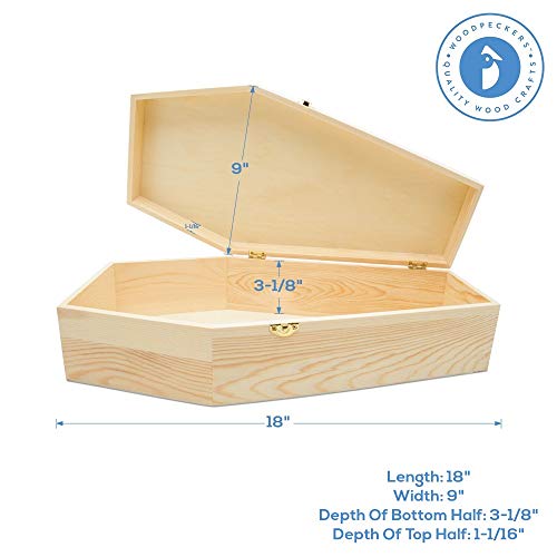 Large Halloween Coffin Box Unfinished Wood, 18 inch, 1-Pack, for Halloween Crafts, Gift Box, Party Décor, or Pet Casket, by Woodpeckers Woodpeckers
