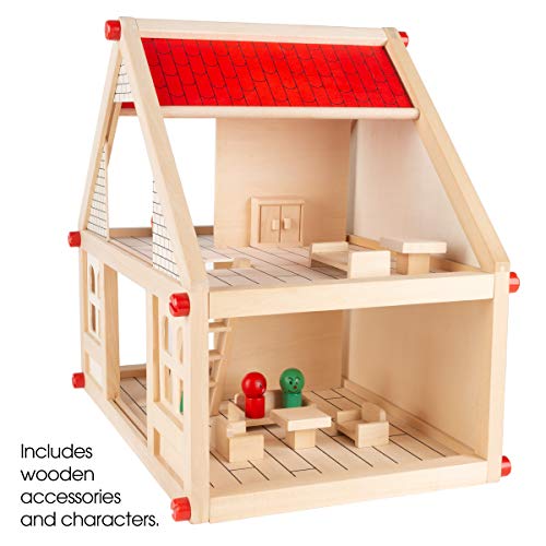 Dollhouse for Kids – Classic Pretend Play 2 Story Wood Playset with Furniture Accessories and Dolls for Toddlers, Boys and Girls by Hey! Play!,Brown Hey! Play!