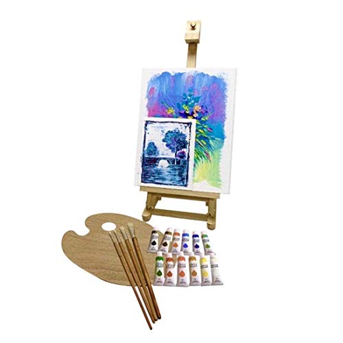 KINGART Artist Acrylic Painting Set with Wooden H-Frame Studio Easel, 12 Vivid Acrylic Paint Colors, 6 Canvas Panels, 4 Brushes, Wood Palette KINGART