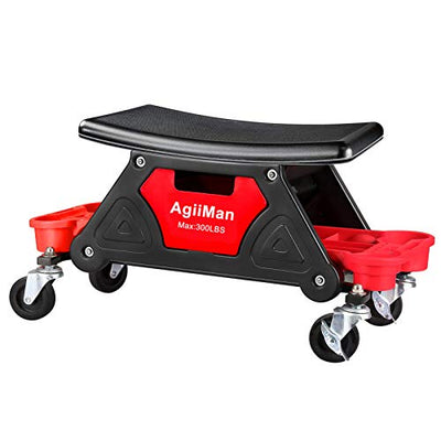 AgiiMan Mechanic Stool - Detailing Garage Rolling Stool with Wheels, Roller Creeper Seat Chair Repair Tools Tray, 2 Tool Storage Drawers Under Seat,