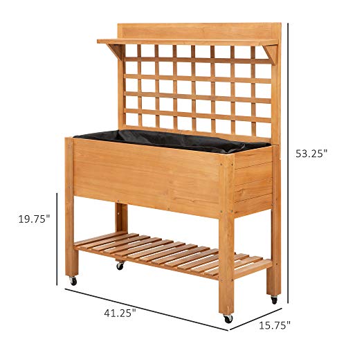 Outsunny 41" Raised Garden Bed with Trellis on Wheels, Wooden Elevated Planter Box with Legs and Bed Liner, for Flowers, Herbs & Vegetables, Brown Outsunny