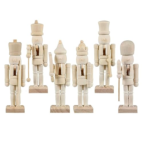 RCFINE 6Pcs Christmas Wooden Unfinished Nutcracker Figurines DIY Blank Unpainted Nutcracker Puppet Nutcracker Craft for Christmas Decoration (Blank RCFINE