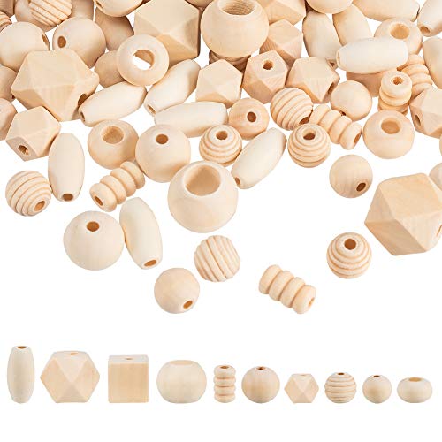 PandaHall 250~300pcs Assorted Natural Wooden Bead, Round/Cube/Polygon/Rondelle/Oval/Column Spacer Beads Unfinished Wood Loose Beads for Bracelet PH PandaHall