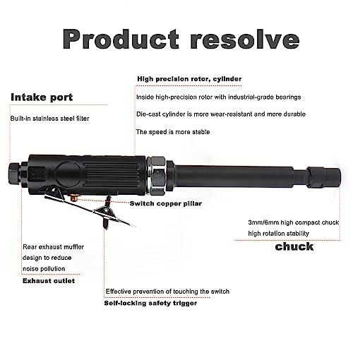 Baisiky 11" Extra Long Extension 1/4“ Straight Air Die Grinder, Professional Grade Heavy Duty Variable High Speed Baisiky