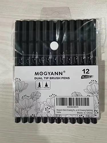 Mogyann Drawing Pens, 12 Pack Dual Brush Pens Black Markers for Art Drawing Sketching Mogyann