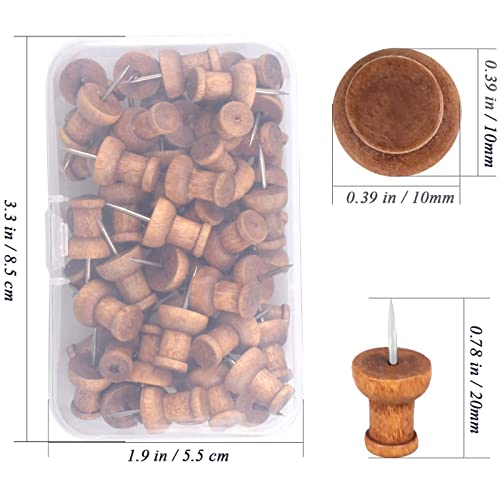 120 Pcs Wood Push Pins, Walnut, Standard, Wooden Thumb Tacks Decorative for Cork Boards Map Photos Calendar and Home Office Craft Projects with Box Phinus