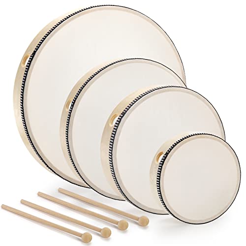 Foraineam 4 Pack Hand Drum 12 Inch 10 Inch 8 Inch 6 Inch Wood Drum Set Musical Educational Percussion Instrument Wooden Frame Drum with Drum Sticks Foraineam