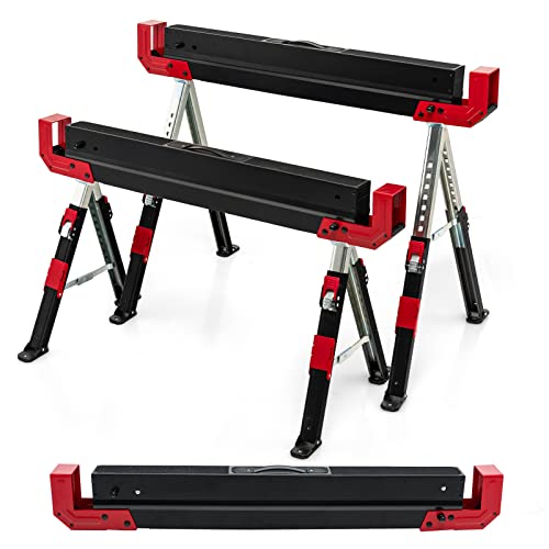 Goplus Saw Horses 2 Pack Folding, Heavy Duty Steel Sawhorse w/24”-32.5” Adjustable Height, 2x4 Supporting Arms, 2600LBS Capacity, Support Pegs, Goplus