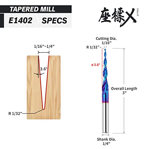 ZahyoX 3D Carving Tapered Angle Ball Nose CNC Bit, 3.6 Degree nACo Coated Solid Carbide Router Bit, 1/16" Cutting Dia, 1/32" Radius, 1/4" Shank, 3" Zahyox