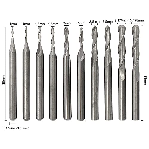 Carbide End Mill Set, Ball Nose Twist End Mill Carbide Burrs Set Shank Diameter 1mm 1.5mm 2.0mm 2.5mm 3.175mm for CNC Engraving, Milling, Roughing, tooloflife