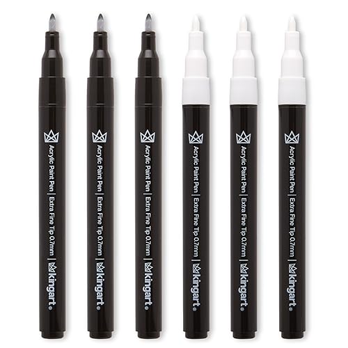 KINGART 453-6A PRO Black & White 6 Ct.(3 ea.) Extra Fine Paint Pens, 0.7mm Tip, Low-Odor Water-Based Quick Dry Acrylic Paint Markers for Rock, Wood, KINGART