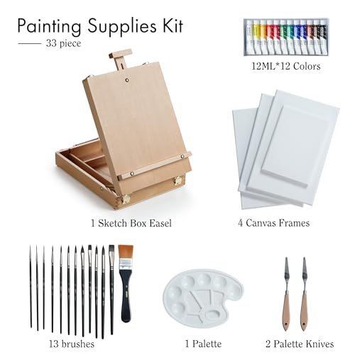 ARTIFY Table Sketch Box Easel Set, Desktop Artist Easel with 12 Colors Acrylic Paints, 13pcs Brushes, 4 Canvas Boards, Plastic Palette and 2 pcs ARTIFY art supplies