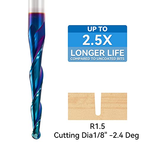 CNC Router Bits Spiral Tapered Ball-Mill 2D & 3D Carving Bits, 2.4 Deg Tapered Angle Ball Tip R1.5, 1/4"Shank 3"OVL for Wood Carving Engraving YOKISHUN