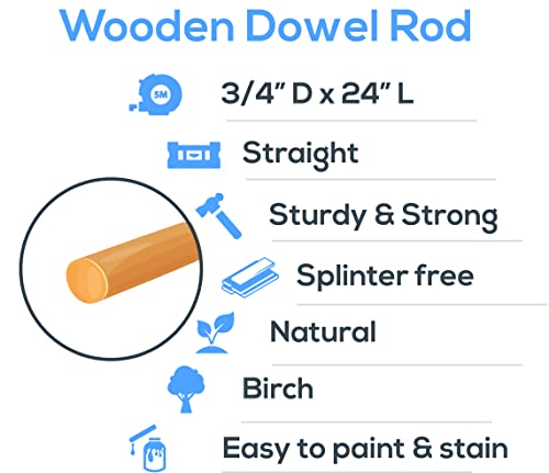 Dowel Rods Wood Sticks Wooden Dowel Rods - 3/4 x 24 Inch Unfinished Hardwood Sticks - for Crafts and DIYers - 5 Pieces by Woodpeckers Woodpeckers