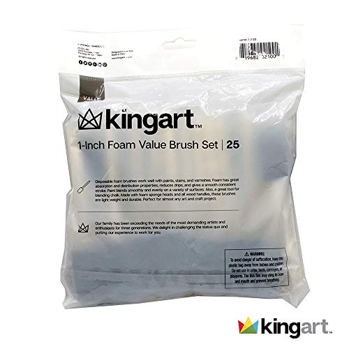 KINGART 241-25 Foam 25 Pc. Value Pack 1" Brush Set, Short Wood Handle, for Oil, Acrylic & Watercolor Paint, Great for Crafts, DIY Home Projects, KINGART