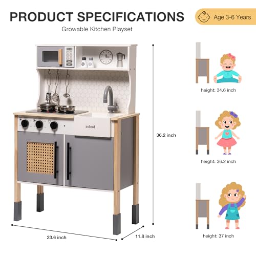 ROBOTIME Wooden Play Kitchen, Kids & Toddlers Kitchen Playset, Kids Play Kitchen Pretend Play Set with Lights & Sounds, Toy Kitchen for Ages 3+ ROBOTIME