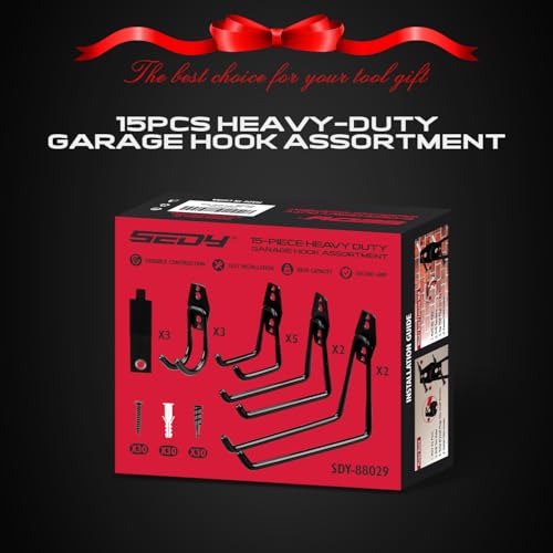 Garage Tool Storage Wall Hook Assortment Set: 15PCS Heavy Duty Large Hanger Garden Tool Organizer Ladder Bike Rack Yard Tool Holder Shed Shovel Metal SEDY