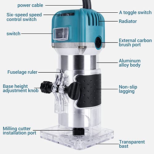 800W Compact Wood Router Tool, Handheld Palm Routers for Woodworking with 6 Variable Speed,Electric Trimmer Wood Router with 15pcs Router Bits,Wood MeiMeiDa
