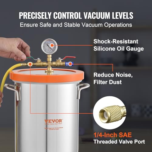 VEVOR 3 Gallon Vacuum Chamber, Upgraded Tempered Glass Lid Vacuum Degassing Chamber, 304 Stainless Steel Chamber, for Stabilizing Wood, Resin VEVOR