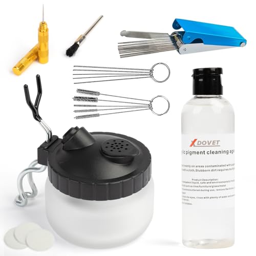 XDOVET Airbrush 13 Piece Airbrush Cleaning Kit with 120ml/4oz Cleaner-Airbrush Clean Pot Glass Cleaning Jar with Holder, 5pc Cleaning Needles, 5pc XDOVET